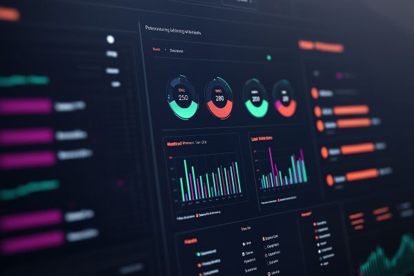 Interactive HR dashboard with performance metrics linked to employee network, sleek visuals Close-up of a modern learning analytics dashboard displaying data visualizations and performance metrics for business intelligence.