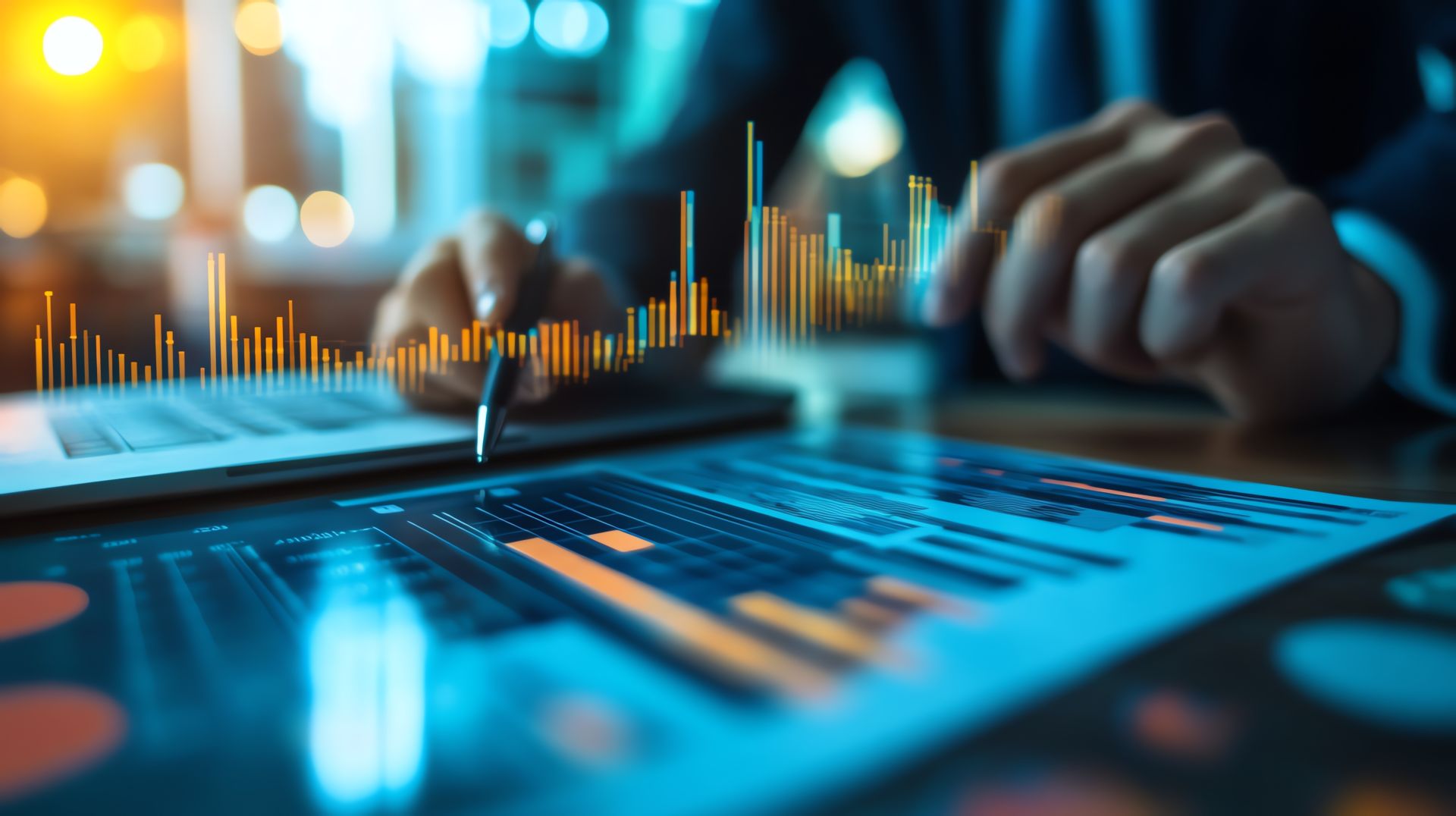 How an AI-Powered LMS Optimizes L&D Without Cutting Value Graph overlay on a digital screen representing AI-powered LMS optimizing workforce training and learning operations