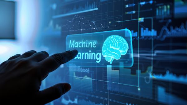 core-ai-terms-machine-learning-computer-display-scaled Computer display showcasing the words "machine learning" hovering about graphs and analytics with a human fingers - A hand interacts with a futuristic interface displaying the words machine learning and a glowing brain