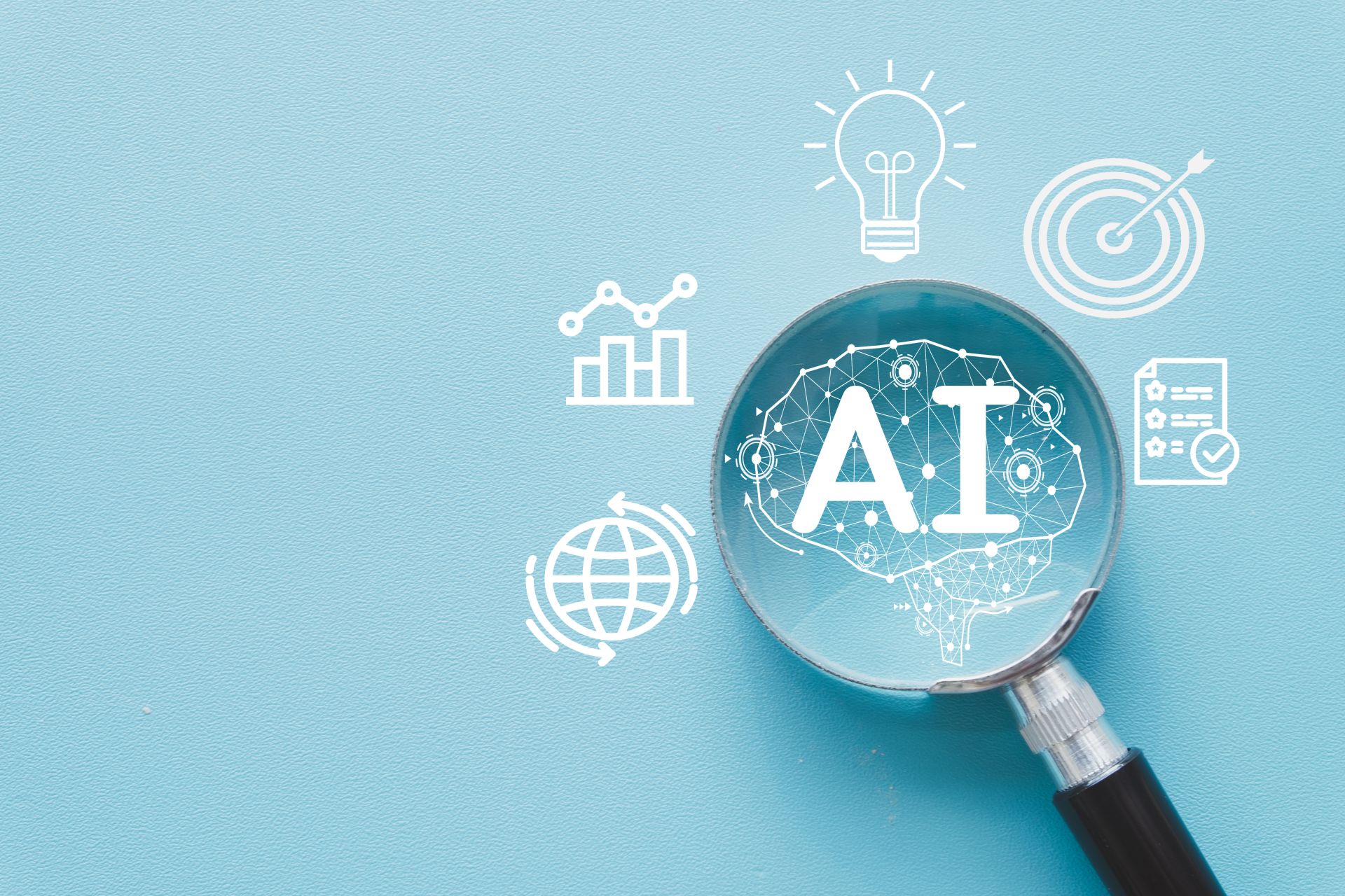 core-ai-terms-magnifying-glass Artificial intelligence,Business,Education Concept.,Artificial intelligence (AI) technology icon under magnifying glass.
