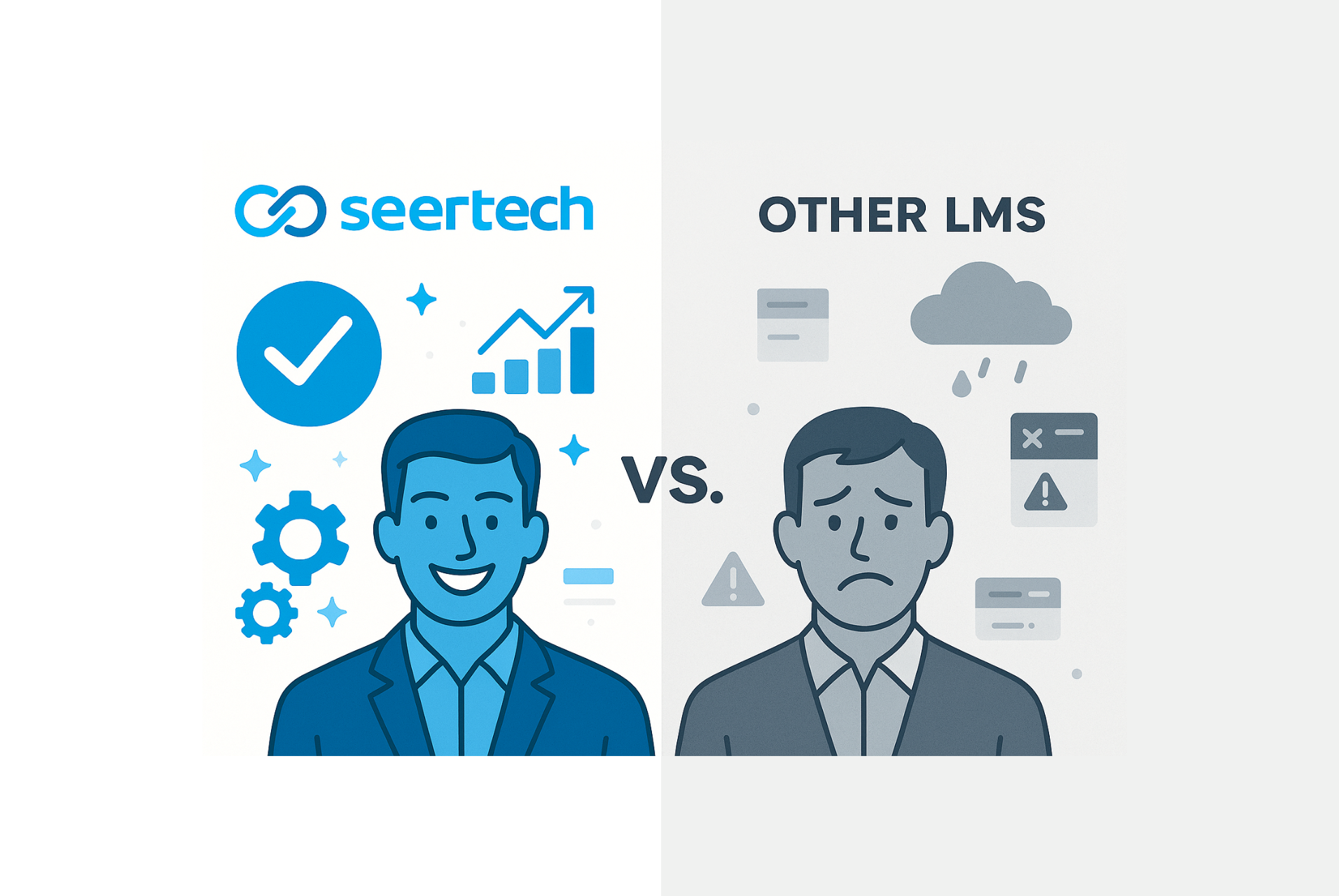 plit-screen illustration comparing Seertech with traditional LMS platforms. On the left, a frustrated professional in gray is surrounded by icons like a broken link, warning signs, and storm clouds—representing challenges with traditional LMS. On the right, a smiling professional in vibrant blue is surrounded by icons such as checkmarks, gears, and graphs—symbolizing Seertech’s ease, automation, and success. The Seertech logo appears above the right side, with “VS.” in the center.