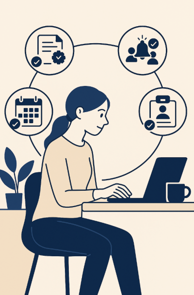woman at a desk with notifications animated woman sitting at a desk with a laptop and coffee surrounded by a web of notification icons above her head