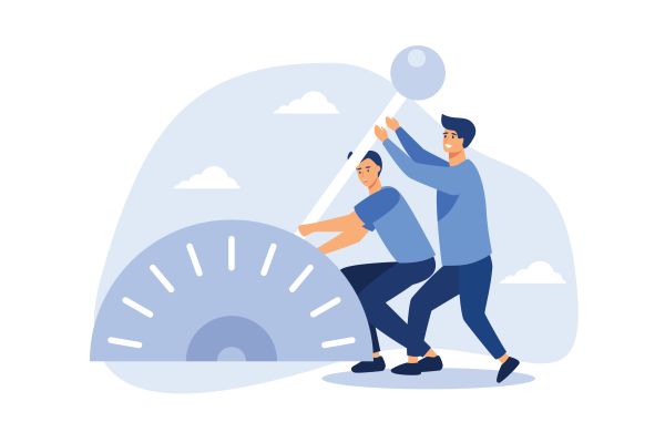 From-learning-function-to-business-lever Paradigm shift technology to new business level, control or shifting speed for company growth, transformation and disruption concept, businessman team shifting transmission knob to faster new level.