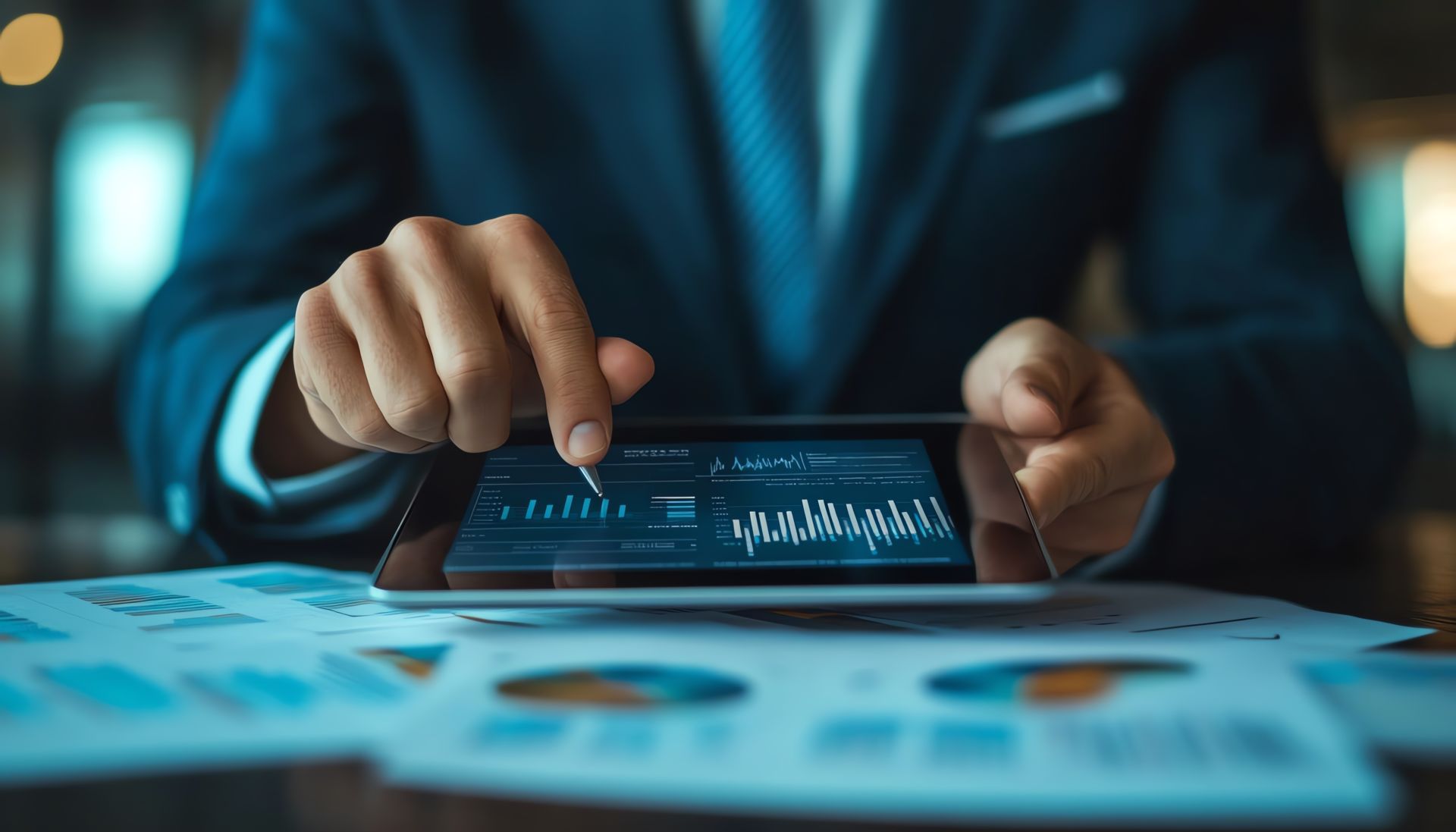 Business leader using tablet for business education, analyzing strategy and plans, many financial graphs and charts, educational technology