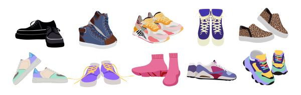 shoe-types-stock Fashion sneakers set. Modern sports shoes with different shapes and colors. Trendy sportswear for man and woman. Footwear designs. Flat vector illustration isolated on white background