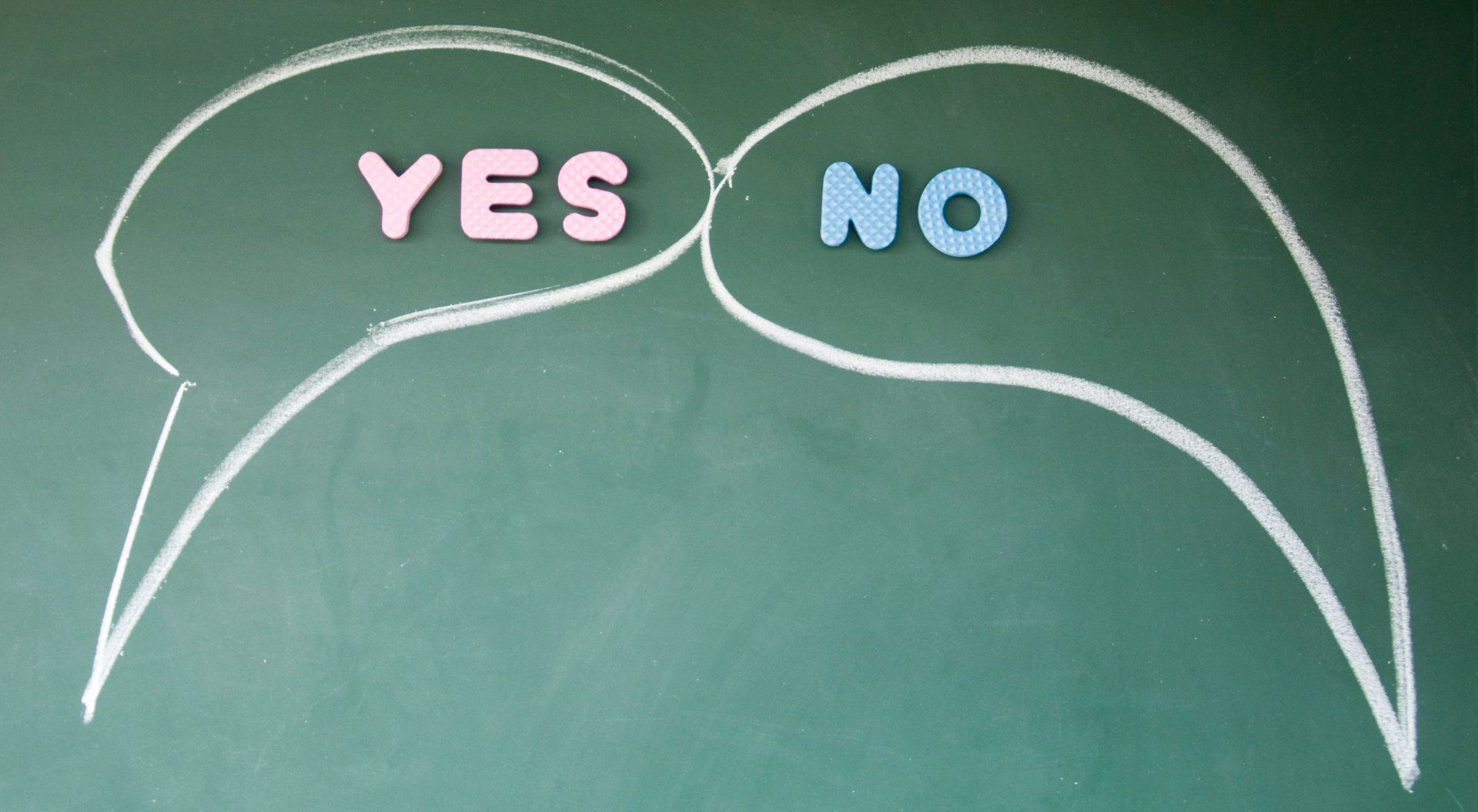 "yes" and "no" speech bubbles on a chalkboard